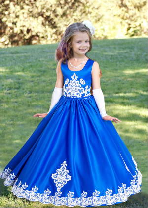 Royal Blue Satin White Lace Appliques Flower Girl Dress